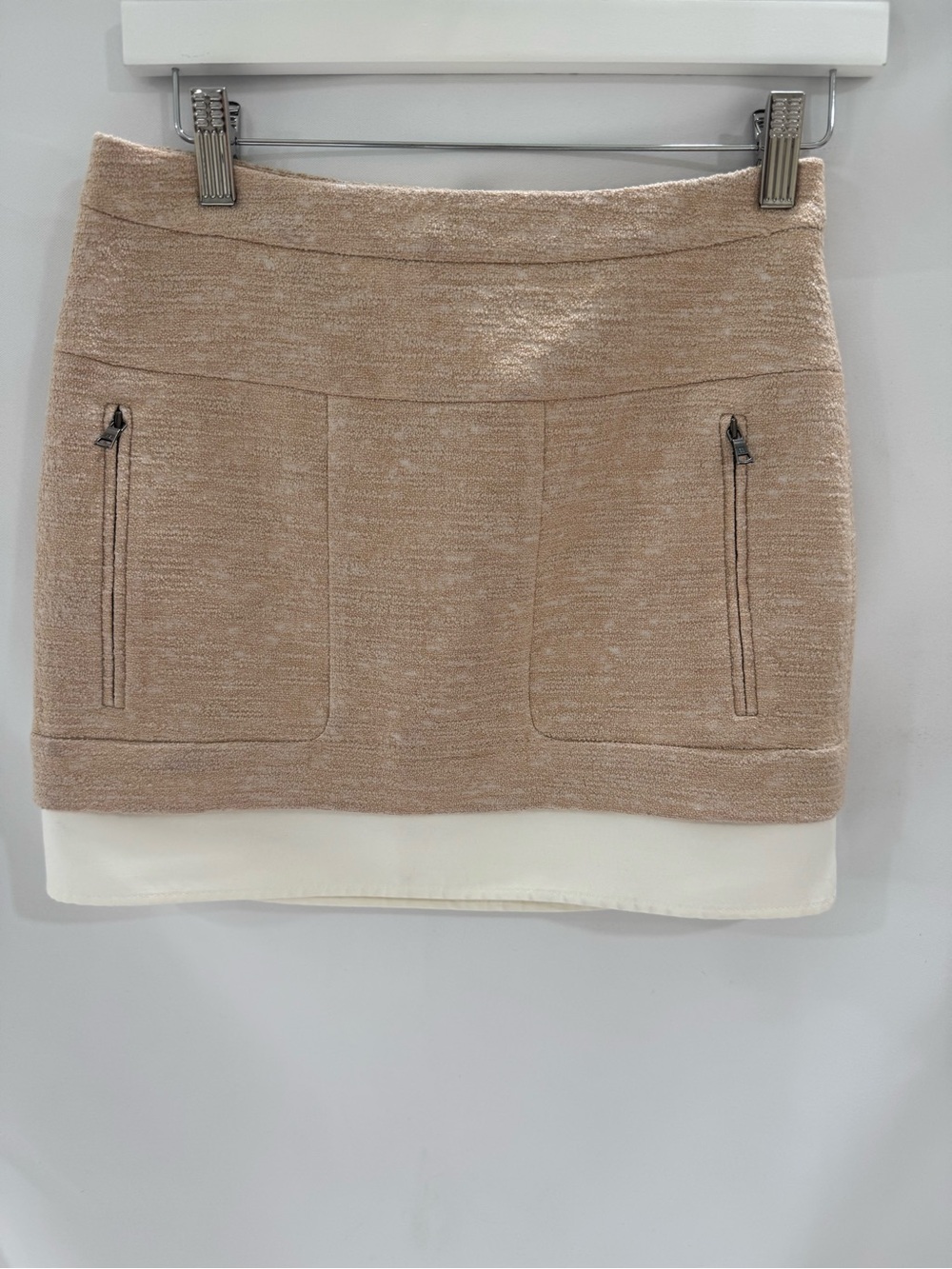 BCBGMaxAzria Beige Knit Mini Skirt with White Layered Hem